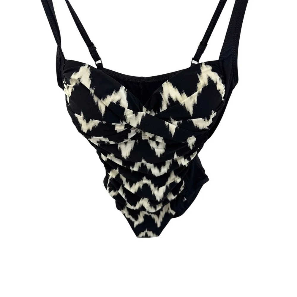 La Blanca Womens Black White Ikat Chevron Ruched One Piece Swimsuit Sweetheart 6